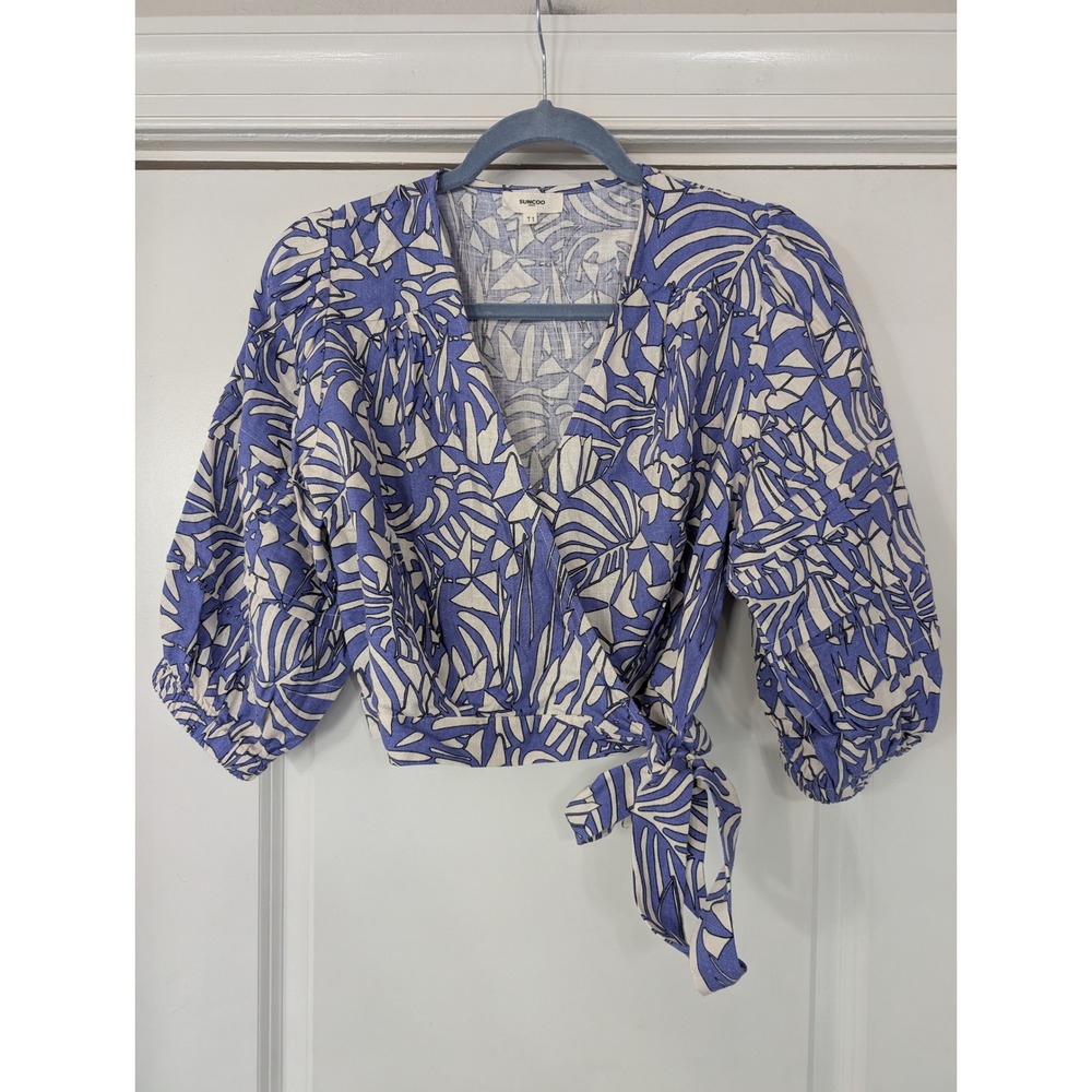 SUNCOO Paris Blue White Leaf Print Wrap Crop women's Small linen blend beachy